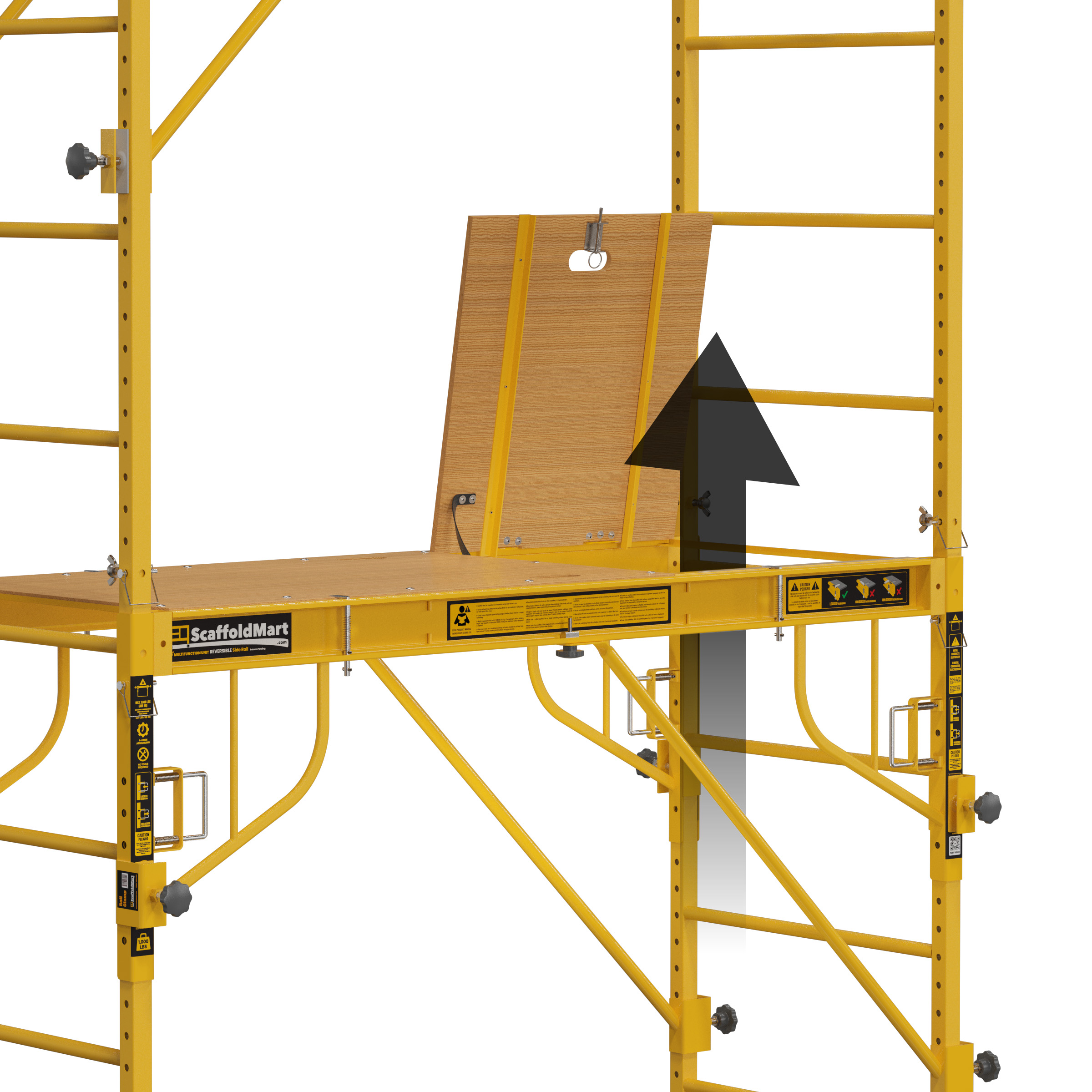 Multifunction Scaffold Hatch Platform in a tower setup with an arrow showing the entry path through the open hatch