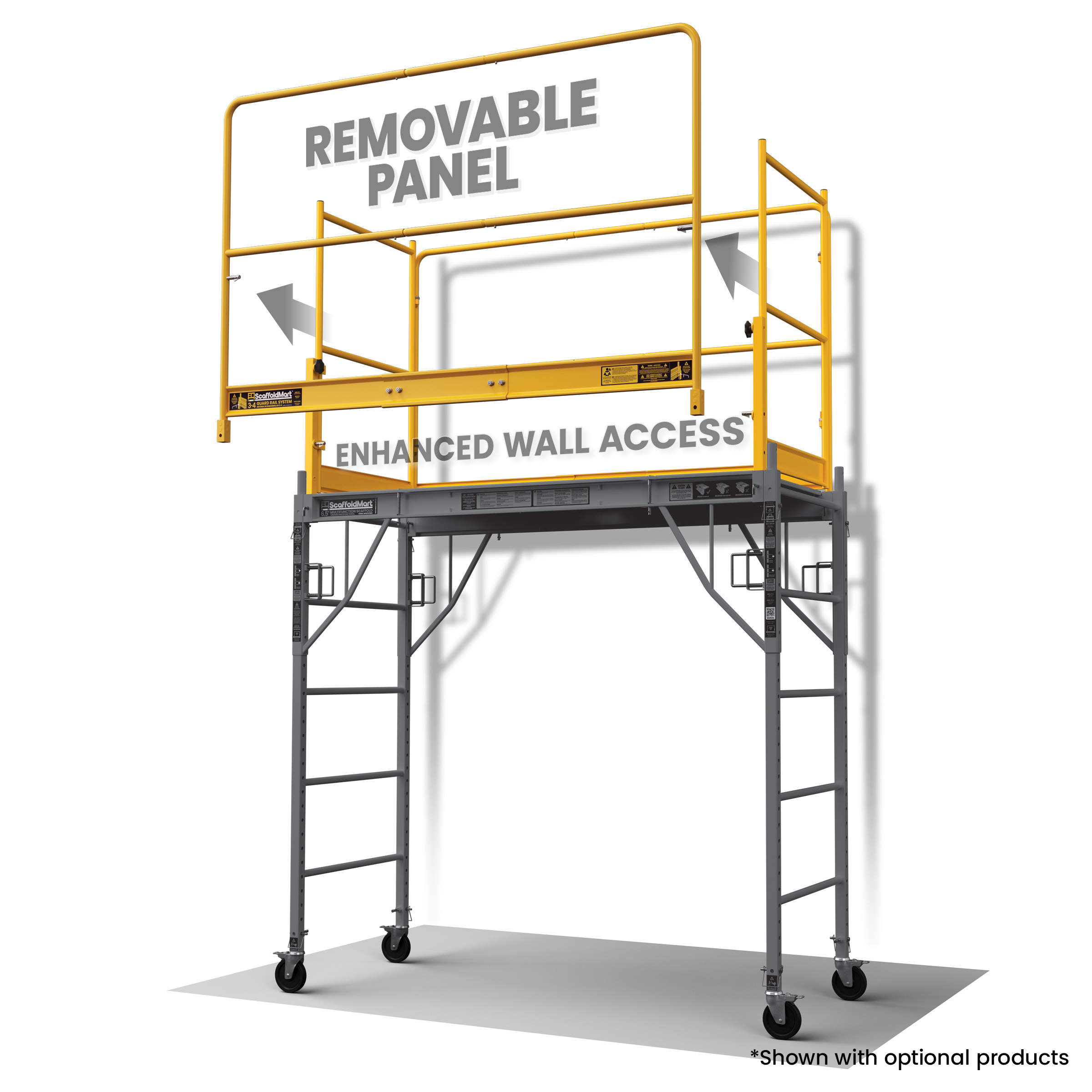 3-4 Guardrail System on a Multifunction Scaffold with arrows showing the 4th side moving away from the setup with text "Removable Panel" and "Enhanced Wall Access"