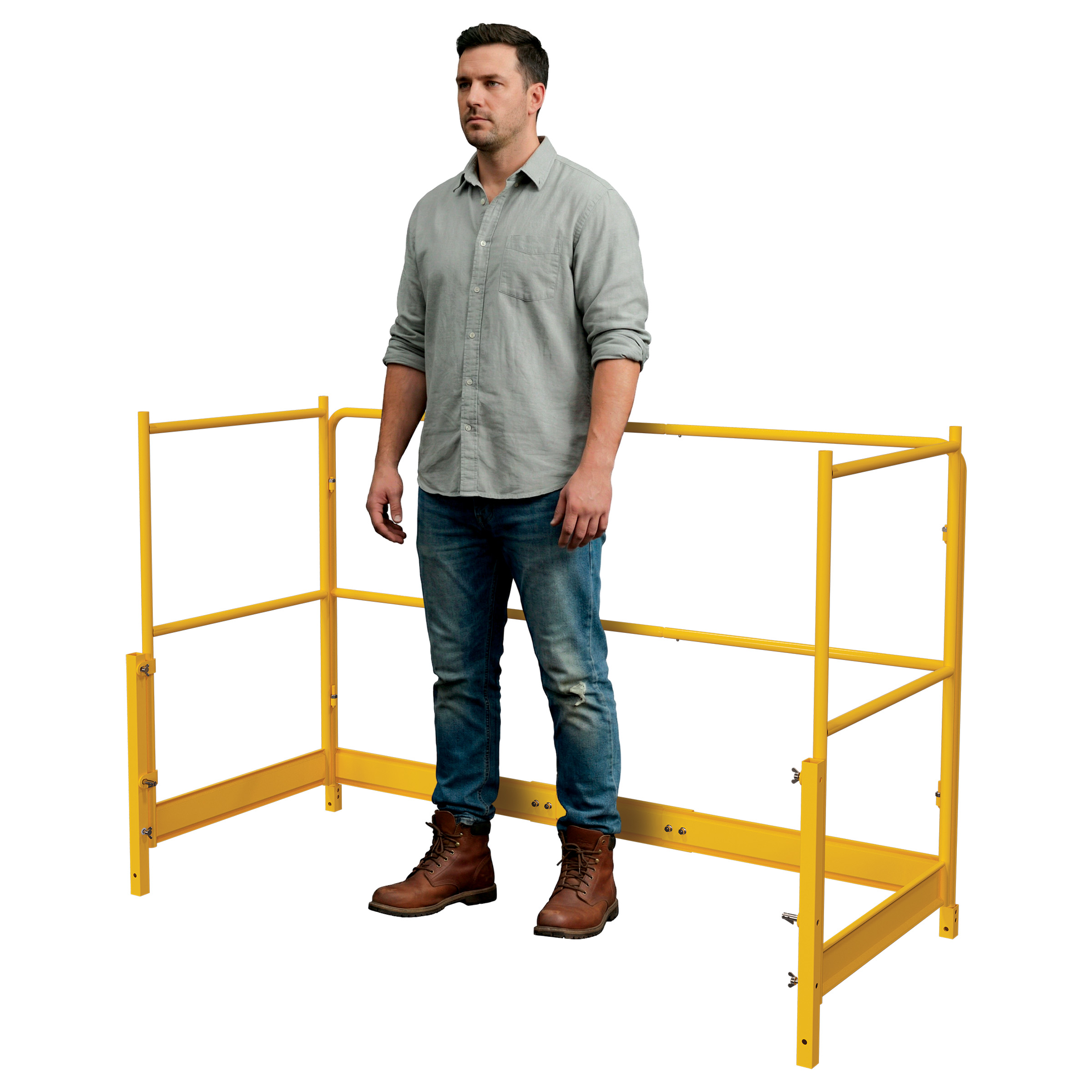 Man standing inside the Multifunction Scaffold 3-4 Guardrail System in 3-side configuration