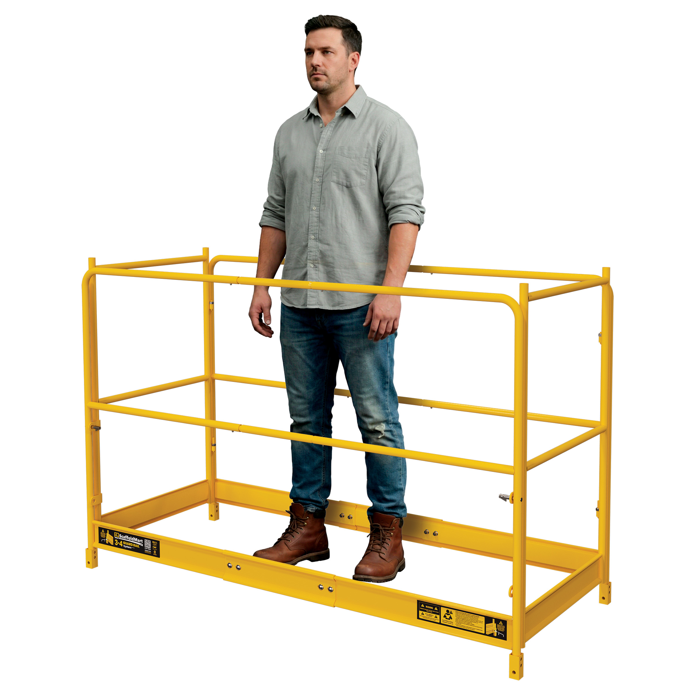 Man standing inside the Multifunction Scaffold 3-4 Guardrail System in 4-side configuration