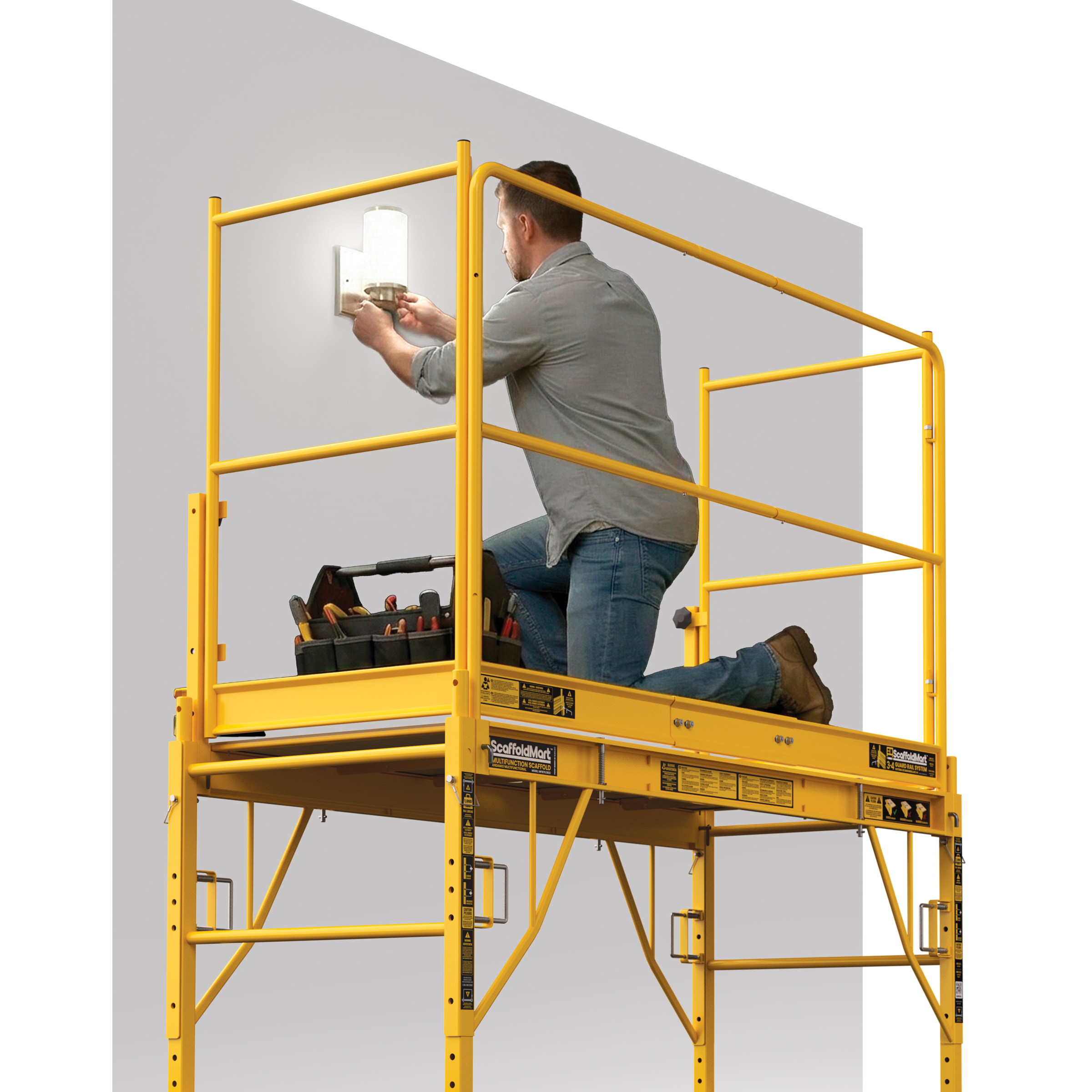 Person working on a light fixture while on a Multifunction Scaffold with one side of the 3-4 Guardrail System removed for easy access to light.