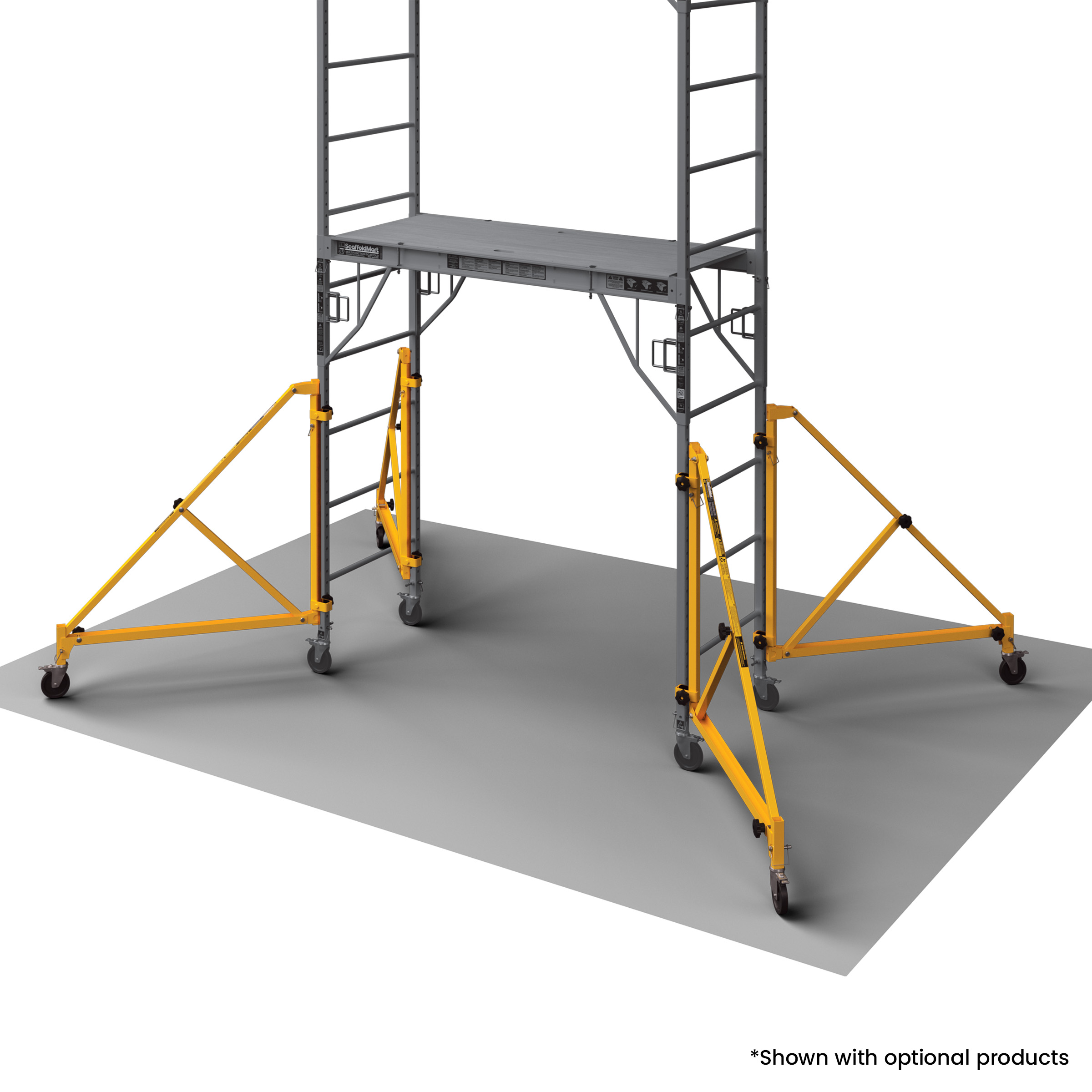 Closeup view of Three-Stack Outriggers attached to an 18 foot Multifunction Scaffold tower