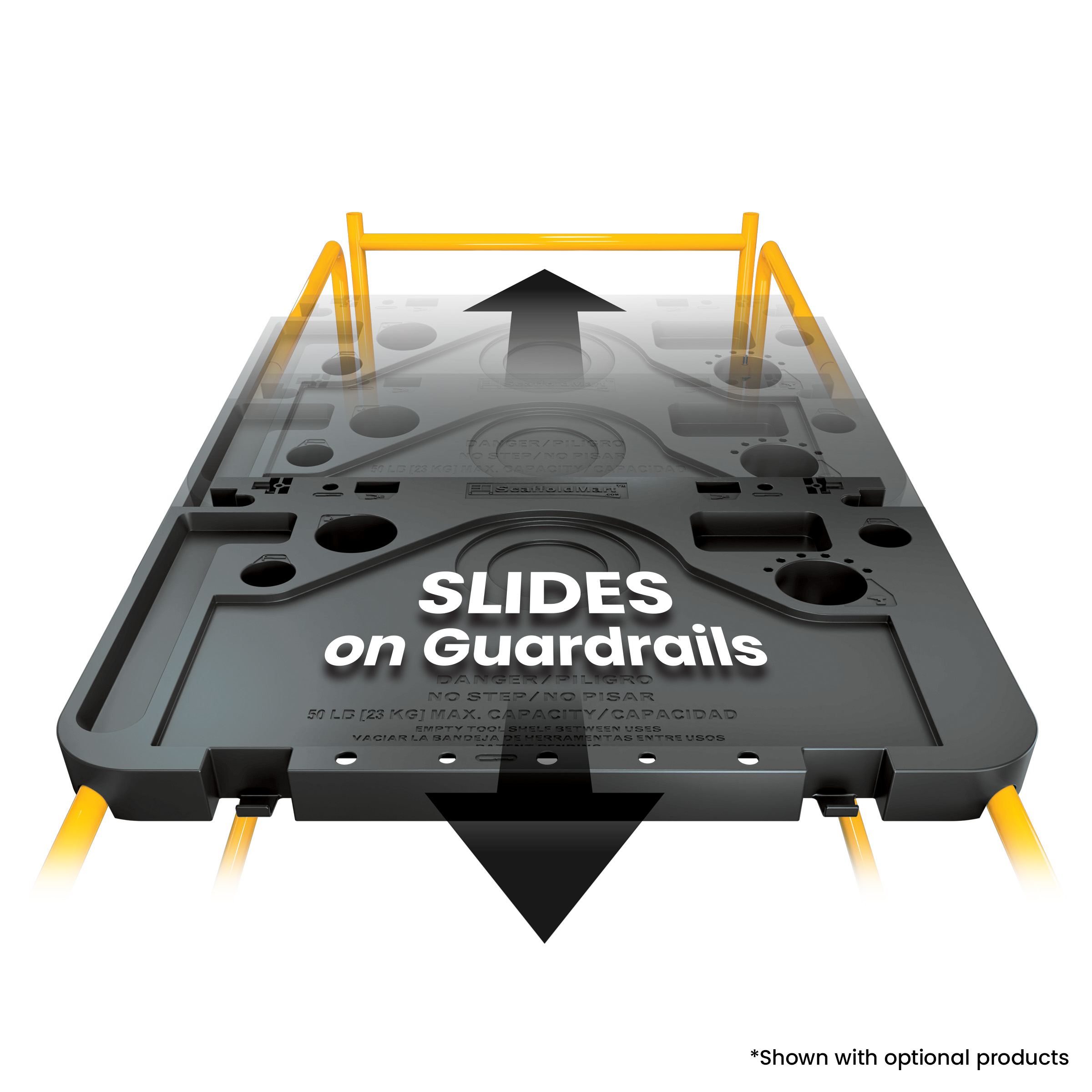 Work Smart Multifunction Scaffolding Tool Shelf with arrows showing it move across the top of a guardrail system with text "Slides on Guardrails"