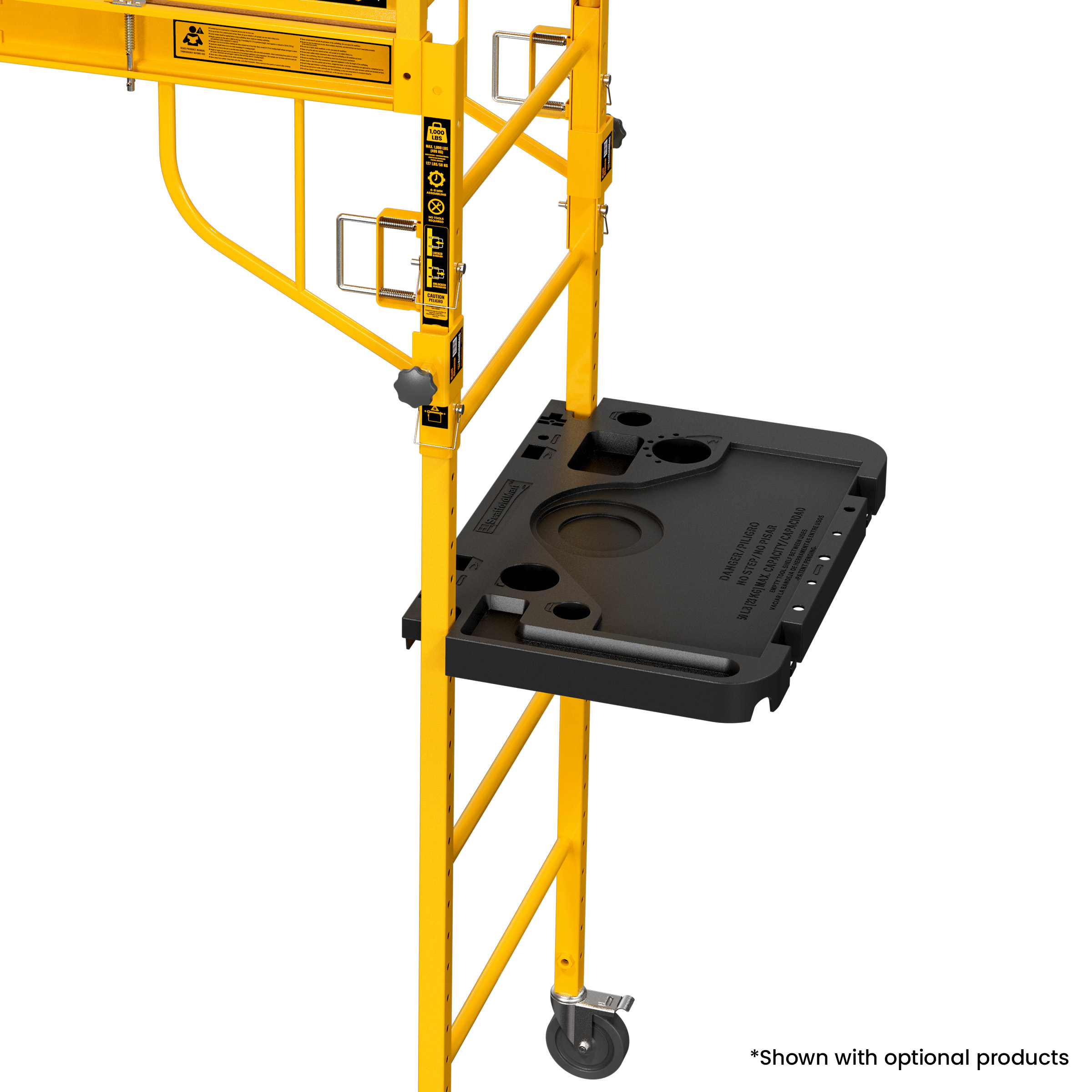Work Smart Tool Shelf mounted to the outside of the ladder frame of a Multifunction Scaffolding