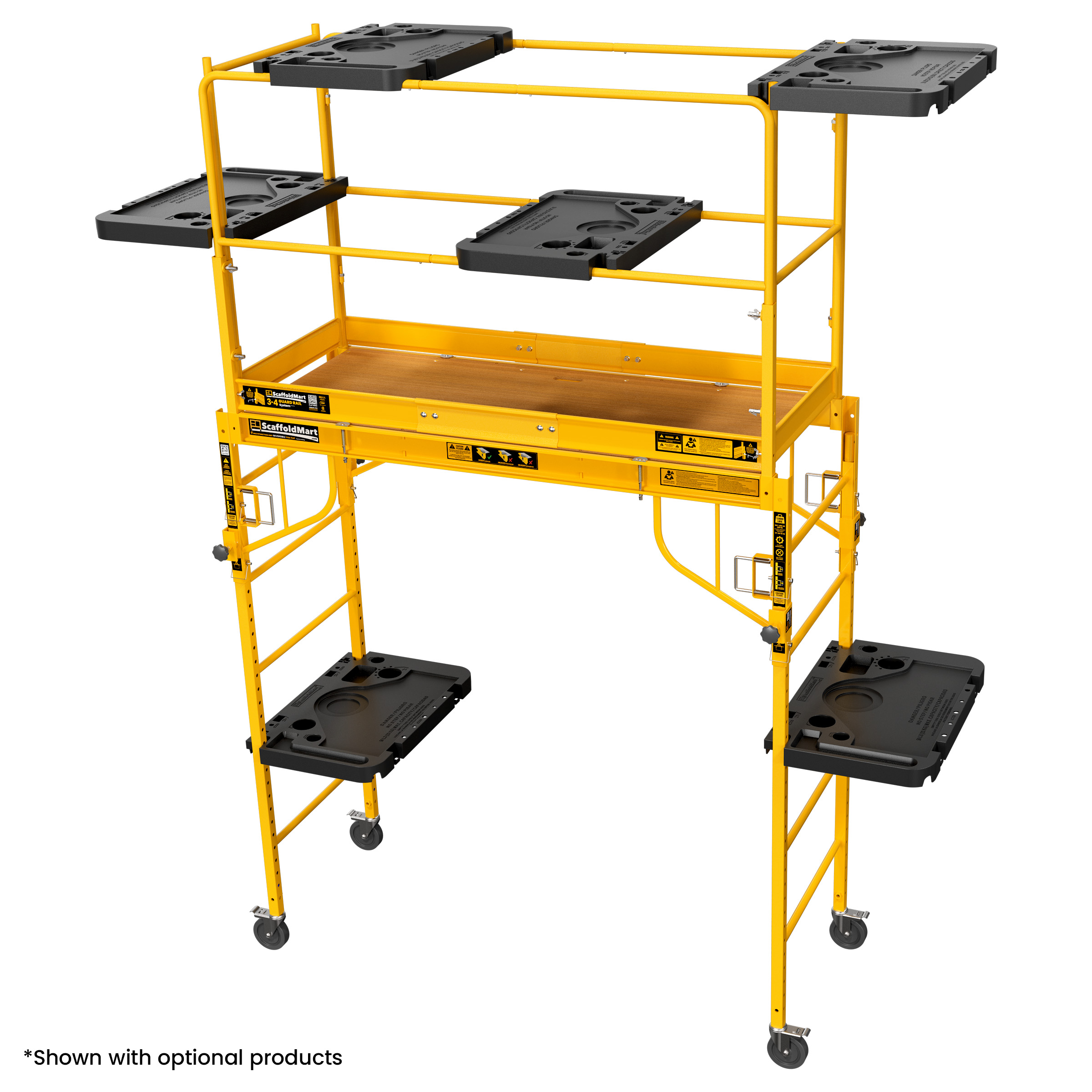 Multiple Work Smart Tool Shelves mounted to different locations on a Multifunction Scaffold Unit