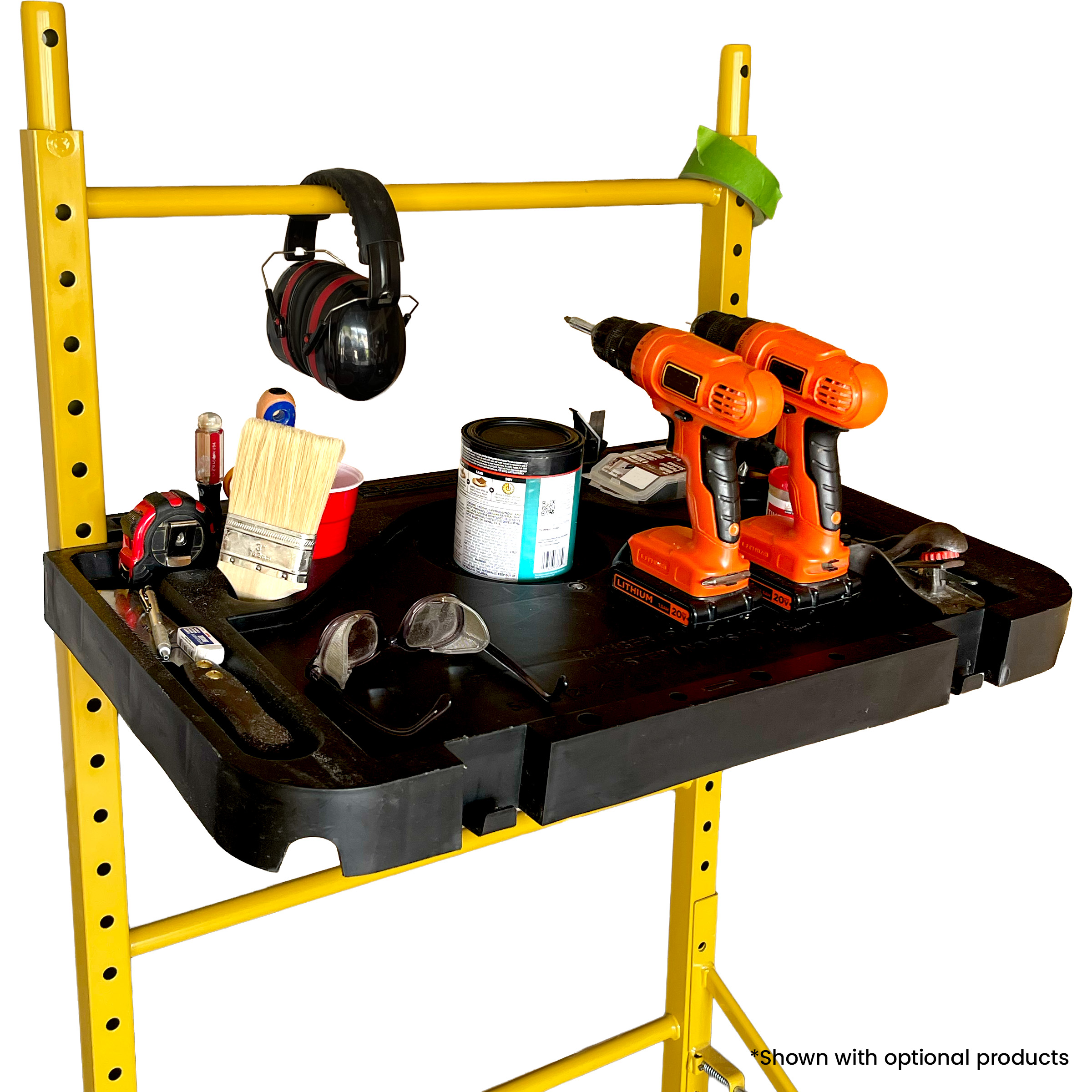 Close up of Work Smart Tool Shelf with drills, paint brush, screw drivers, and other tools mounted to the inside of the ladder frame of a Multifunction Scaffold